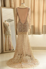 Trumpet Mermaid Scoop Champagne Tulle Beading Luxury Evening Prom Dress