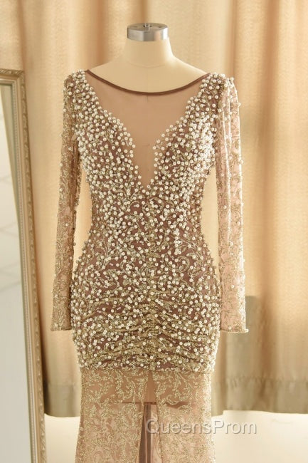 Trumpet Mermaid Scoop Champagne Tulle Beading Luxury Evening Prom Dress
