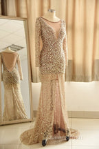 Trumpet Mermaid Scoop Champagne Tulle Beading Luxury Evening Prom Dress