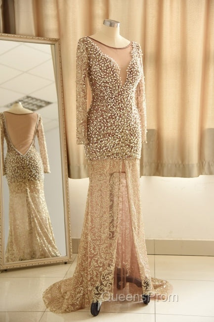 Trumpet Mermaid Scoop Champagne Tulle Beading Luxury Evening Prom Dress