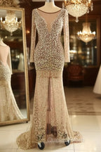 Trumpet Mermaid Scoop Champagne Tulle Beading Luxury Evening Prom Dress