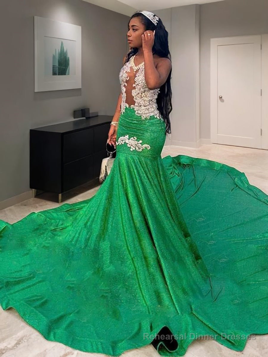 Trumpet/Mermaid Scoop Chapel Train Silk like Satin Prom Dresses With Appliques Lace Main image