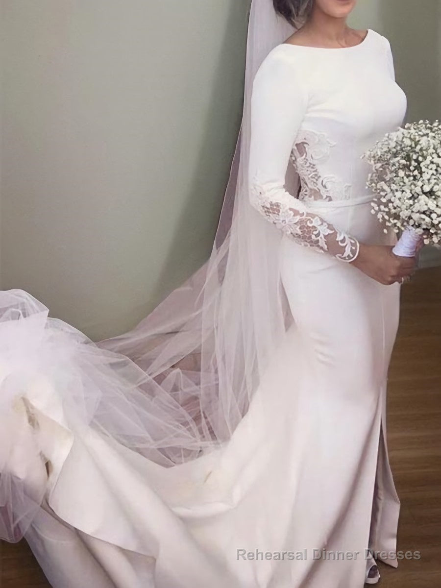 Trumpet/Mermaid Scoop Court Train Stretch Crepe Wedding Dresses With Leg Slit Main image