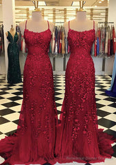 Trumpet/Mermaid Scoop Neck Sleeveless Sweep Train Lace Prom Dresses With Crystal