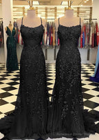 Trumpet/Mermaid Scoop Neck Sleeveless Sweep Train Lace Prom Dresses With Crystal