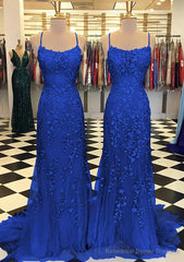 Trumpet/Mermaid Scoop Neck Sleeveless Sweep Train Lace Prom Dresses With Crystal