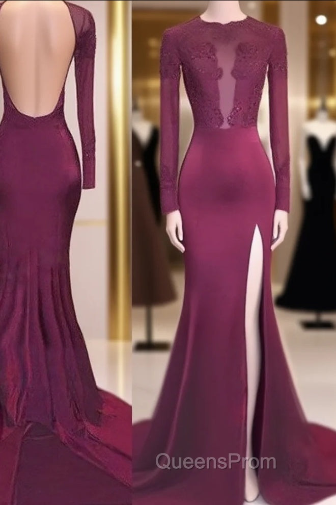 Trumpet/Mermaid Scoop Satin Long Sleeves Applique Sweep/Brush Train Dress