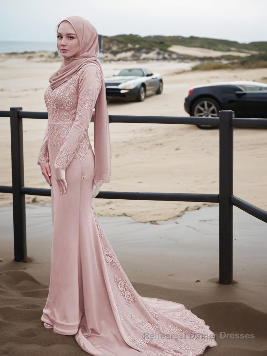 Trumpet/Mermaid Scoop Sweep Train Silk like Satin Prom Dresses With Appliques Lace Main image