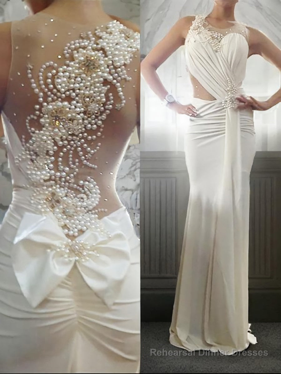 Trumpet/Mermaid Scoop Sweep Train Silk like Satin Prom Dresses With Bow Main image