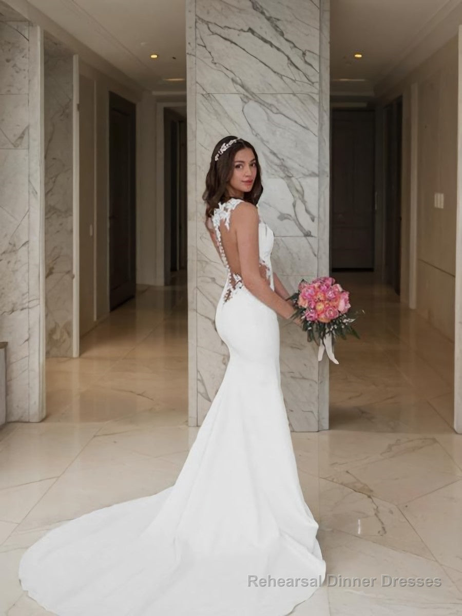 Trumpet/Mermaid Scoop Sweep Train Stretch Crepe Wedding Dresses With Appliques Lace Secondary image