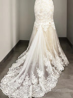 Trumpet/Mermaid Scoop Sweep Train Tulle Wedding Dress With Appliques Lace
