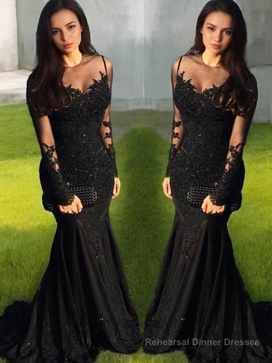 Trumpet/Mermaid Sheer Neck Sweep Train Tulle Evening Dresses With Appliques Lace Main image