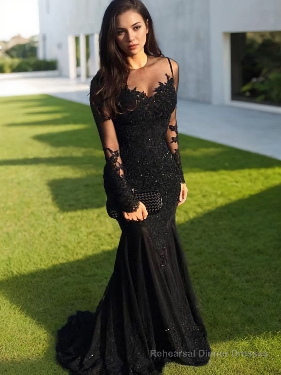 Trumpet/Mermaid Sheer Neck Sweep Train Tulle Evening Dresses With Appliques Lace Secondary image