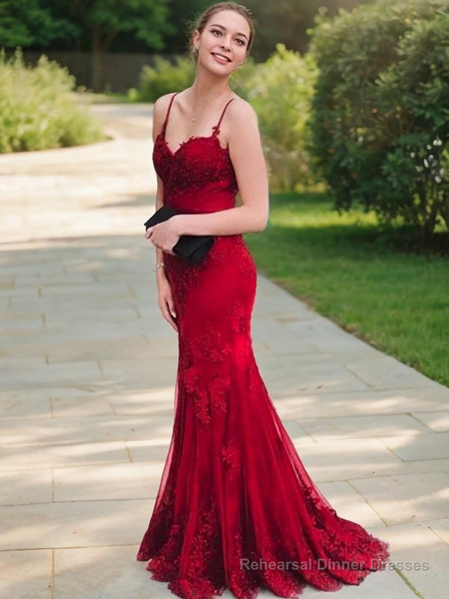 Trumpet/Mermaid Spaghetti Straps Sweep Train Lace Evening Dresses With Appliques Lace Main image