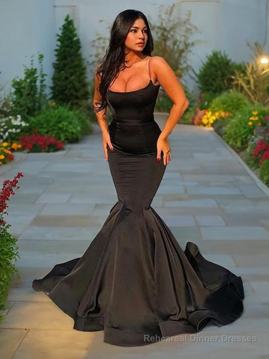 Trumpet/Mermaid Spaghetti Straps Sweep Train Satin Evening Dresses With Ruffles Main image