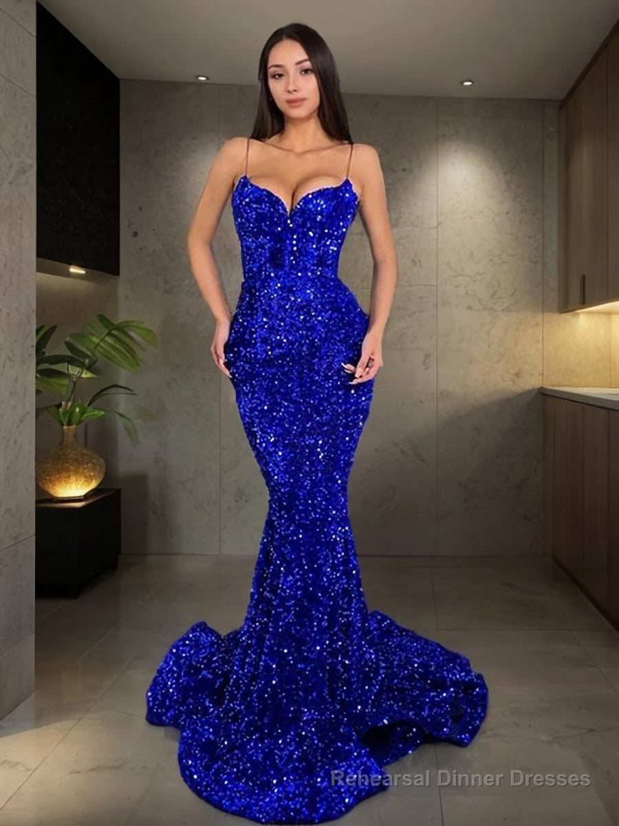 Trumpet/Mermaid Spaghetti Straps Sweep Train Velvet Sequins Evening Dresses Main image