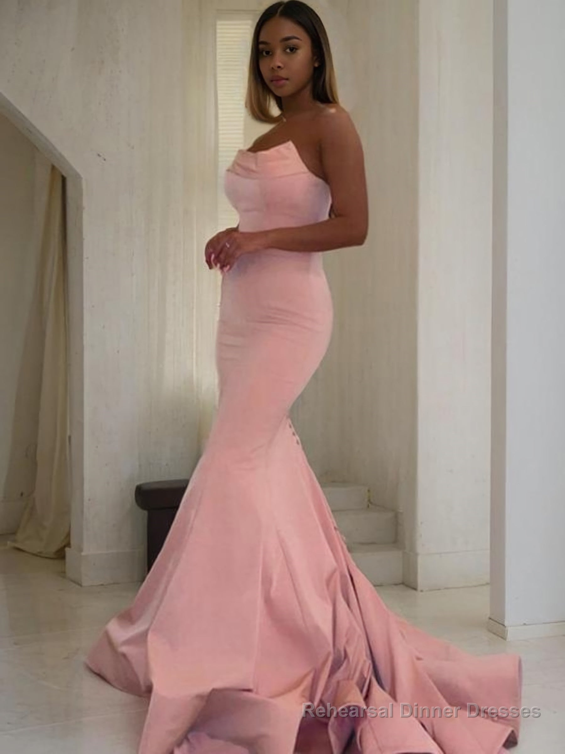 Trumpet/Mermaid Strapless Sweep Train Charmeuse Prom Dresses With Ruffles Main image