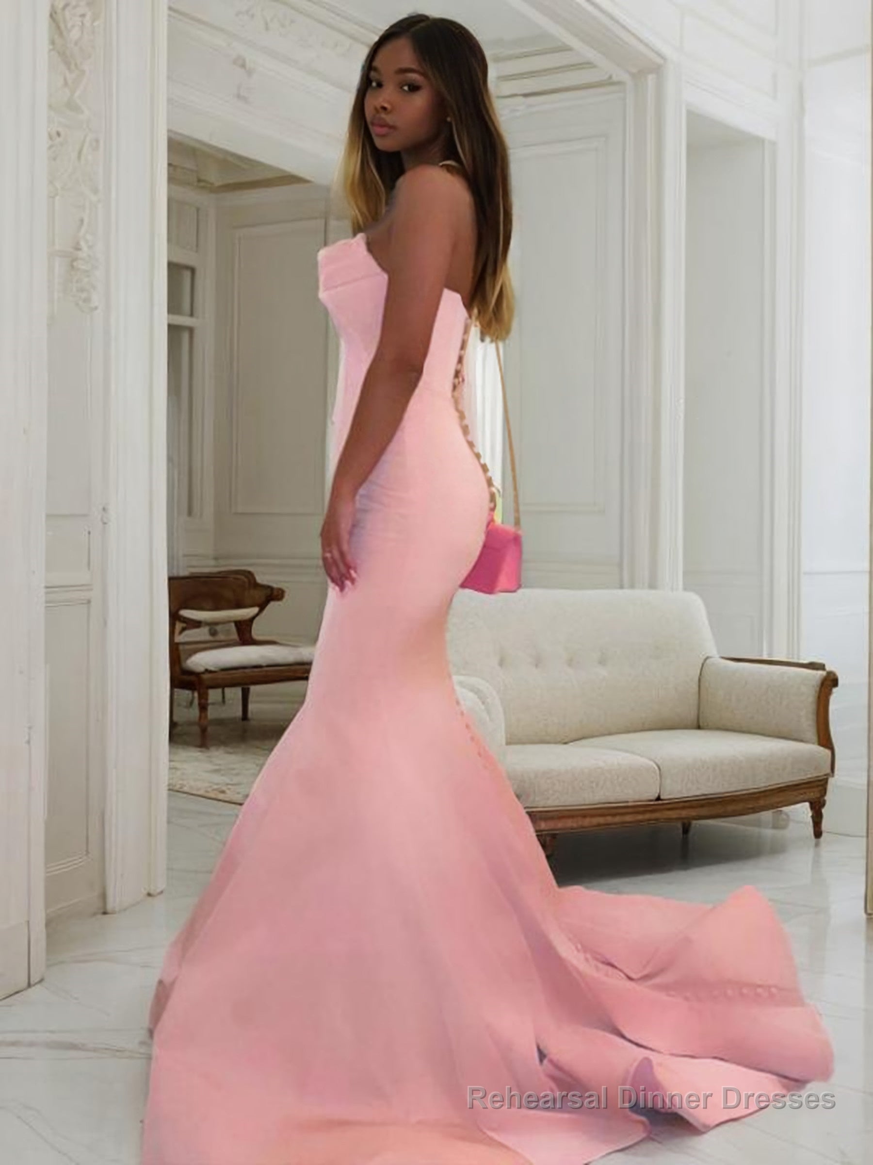 Trumpet/Mermaid Strapless Sweep Train Charmeuse Prom Dresses With Ruffles Secondary image
