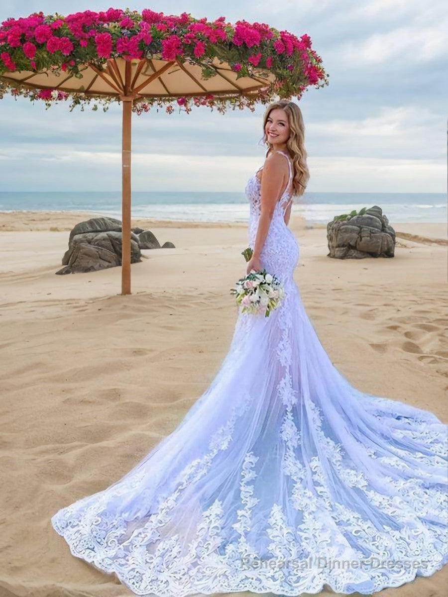 Trumpet/Mermaid Straps Court Train Tulle Wedding Dresses With Appliques Lace Main image