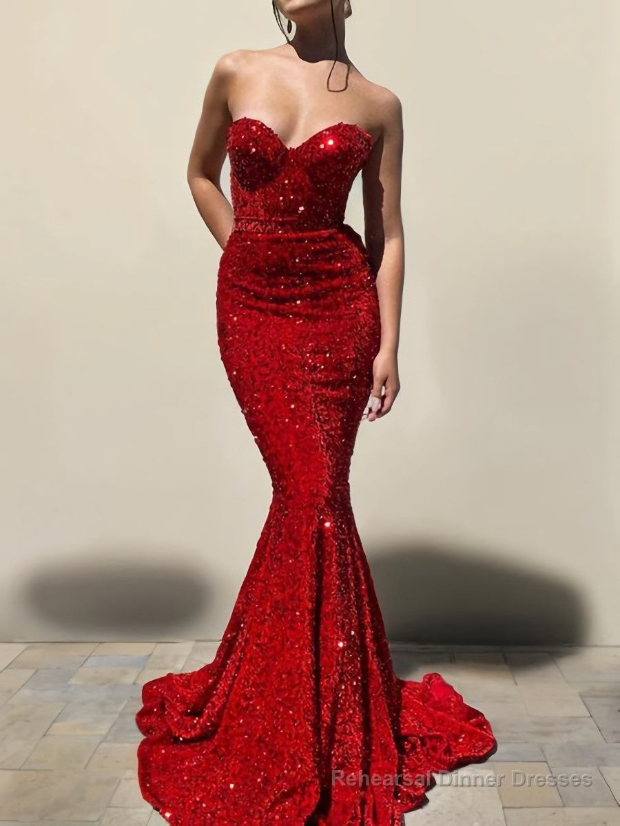 Trumpet/Mermaid Sweetheart Court Train Velvet Sequins Prom Dresses With Ruffles Main image