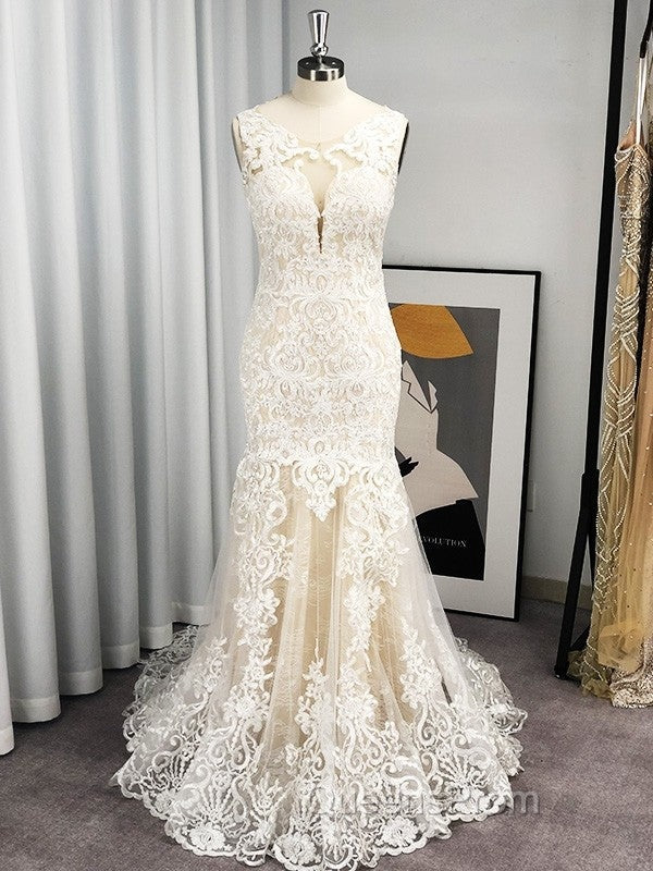 Trumpet/Mermaid Tulle Applique Scoop Sleeveless Sweep/Brush Train Wedding Dress