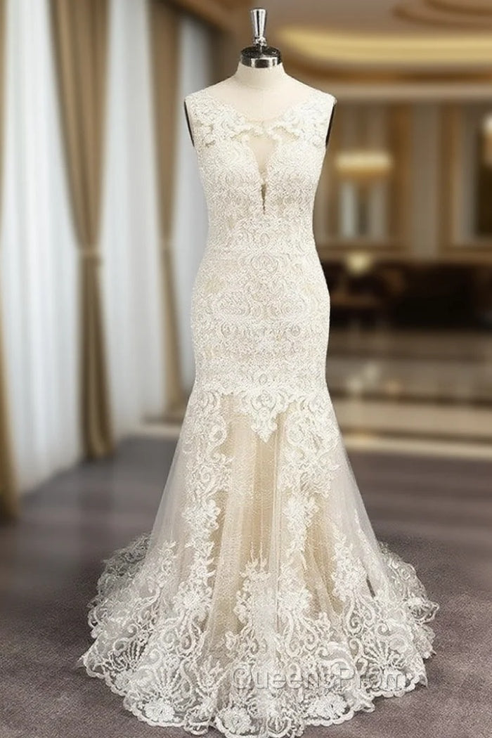 Trumpet/Mermaid Tulle Applique Scoop Sleeveless Sweep/Brush Train Wedding Dress Main image