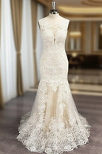 Trumpet/Mermaid Tulle Applique Scoop Sleeveless Sweep/Brush Train Wedding Dress