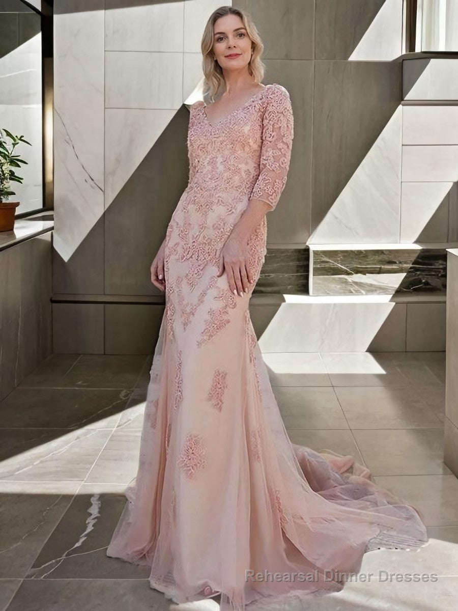 Trumpet/Mermaid Tulle Lace V-neck 3/4 Sleeves Sweep/Brush Train Mother of the Bride Dresses Main image