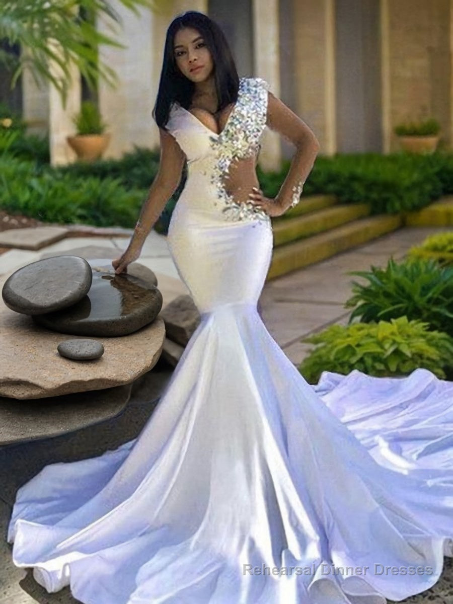 Trumpet/Mermaid V-neck Chapel Train Elastic Woven Satin Evening Dresses With Beading Main image