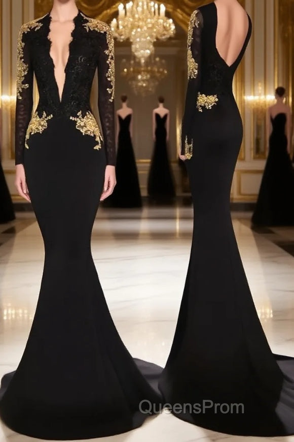 Trumpet/Mermaid V-neck Chapel Train Jersey Evening Prom Dress With Appliques Lace Main image