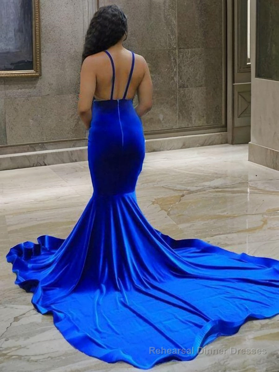 Trumpet/Mermaid V-neck Court Train Elastic Woven Satin Prom Dresses With Appliques Lace Secondary image