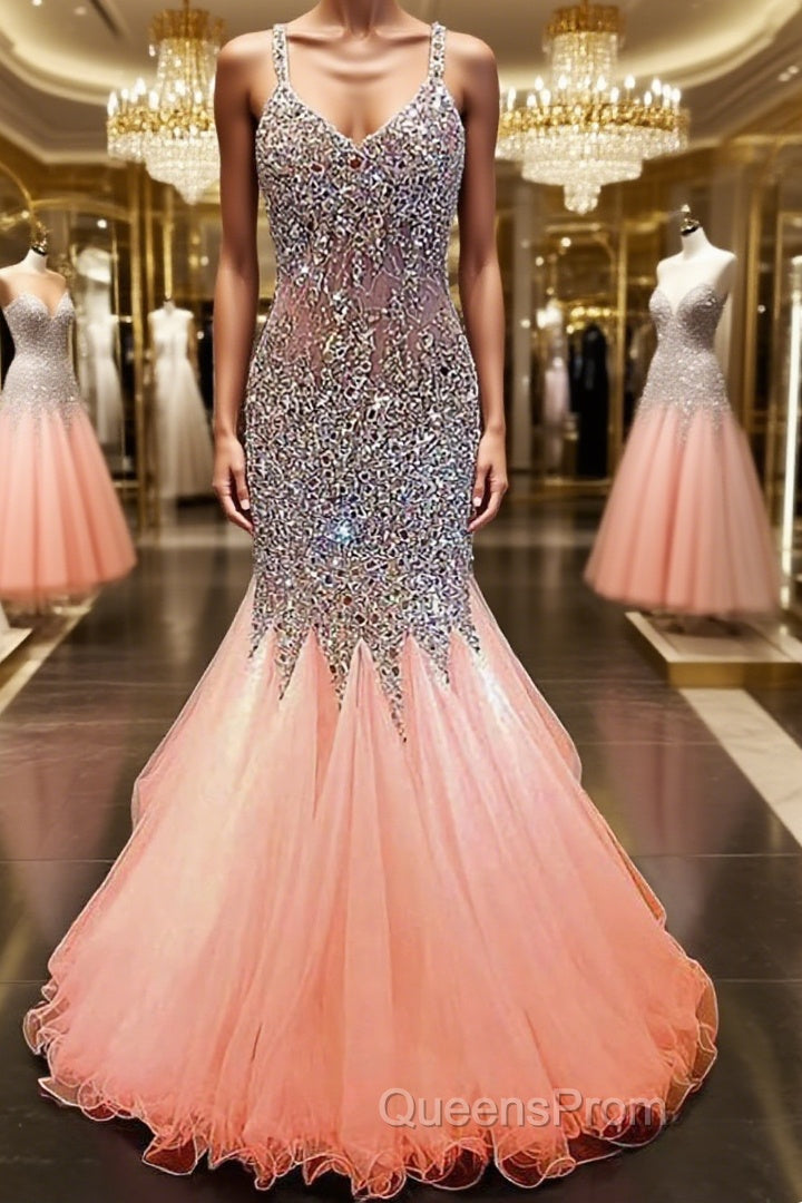 Trumpet/Mermaid V-neck Floor-Length Tulle Evening Prom Dress With Rhinestone Main image