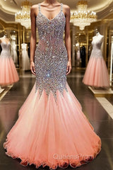 Trumpet/Mermaid V-neck Floor-Length Tulle Evening Prom Dress With Rhinestone