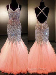 Trumpet/Mermaid V-neck Floor-Length Tulle Evening Prom Dress With Rhinestone