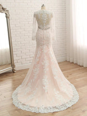 Trumpet/Mermaid V-Neck Long Sleeves Applique With Rhinestone Tulle Floor-Length Wedding Dress