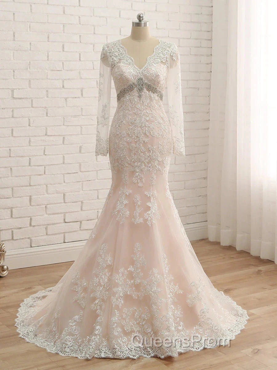 Trumpet/Mermaid V-Neck Long Sleeves Applique With Rhinestone Tulle Floor-Length Wedding Dress