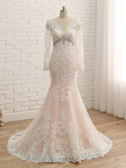 Trumpet/Mermaid V-Neck Long Sleeves Applique With Rhinestone Tulle Floor-Length Wedding Dress
