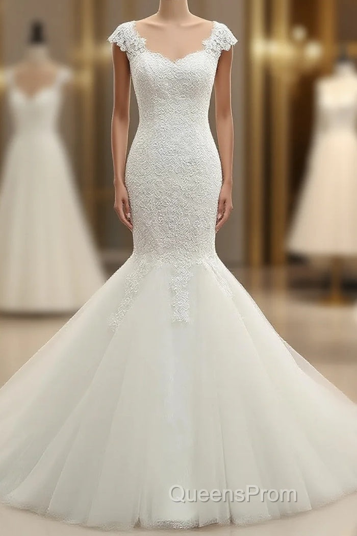 Trumpet/Mermaid V-Neck Sleeveless Applique Tulle Floor-Length Wedding Dress Main image
