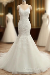 Trumpet/Mermaid V-Neck Sleeveless Applique With Beading Tulle Court Train Wedding Dress