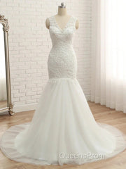 Trumpet/Mermaid V-Neck Sleeveless Applique With Sequin Tulle Court Train Wedding Dress