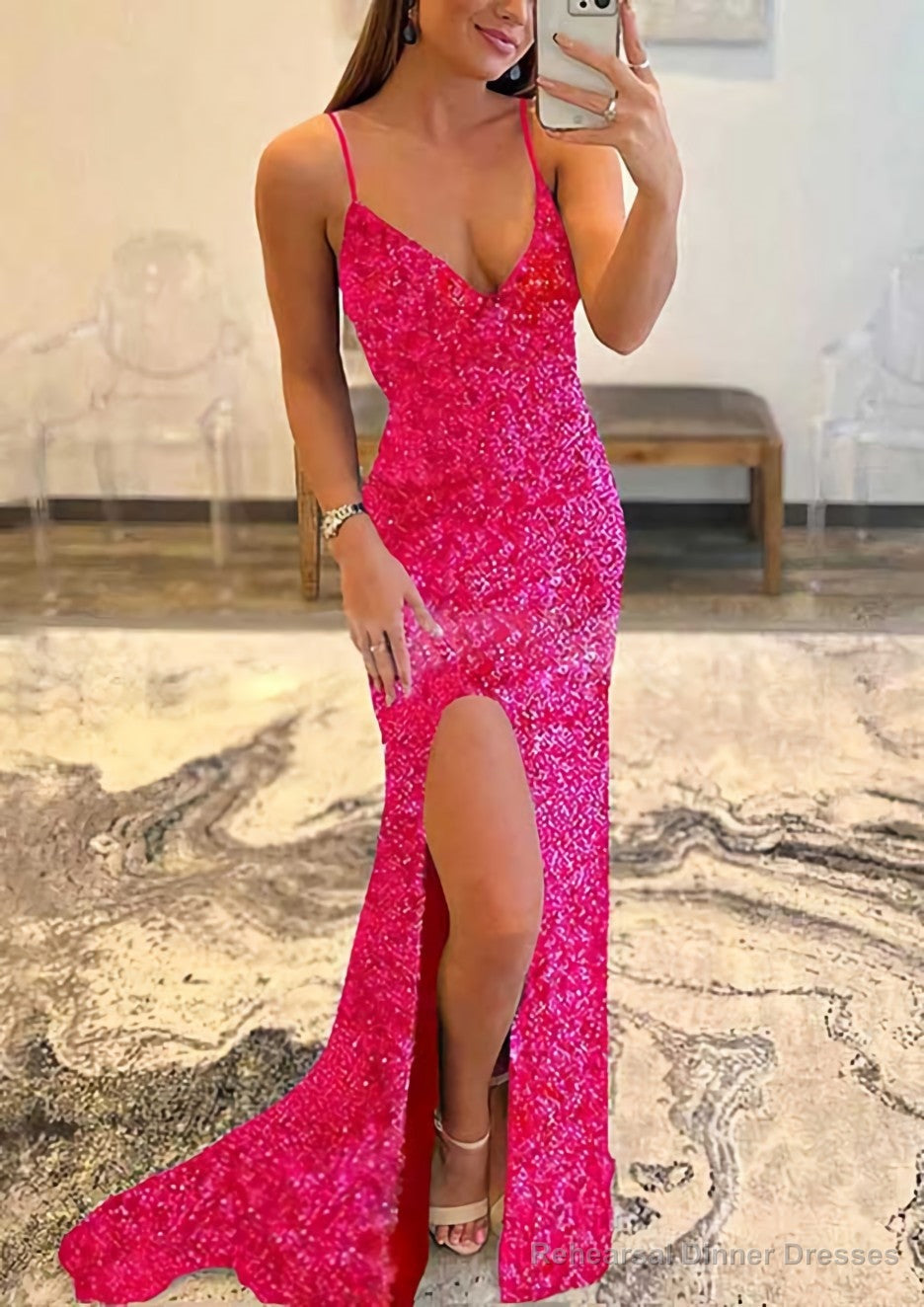 Trumpet/Mermaid V Neck Sleeveless Sweep Train Allover Sparkly Sequined Prom Dresses With Split