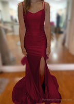 Trumpet/Mermaid V Neck Sleeveless Sweep Train Jersey Prom Dresses With Split Pleated