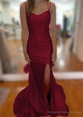 Trumpet/Mermaid V Neck Sleeveless Sweep Train Jersey Prom Dresses With Split Pleated
