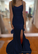 Trumpet/Mermaid V Neck Sleeveless Sweep Train Jersey Prom Dresses With Split Pleated