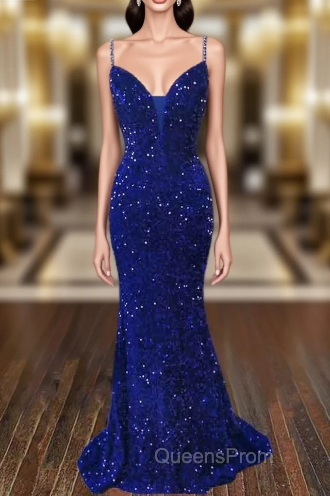 Trumpet/Mermaid V Neck Sleeveless Sweep Train Velvet Sequins Evening Prom Dress