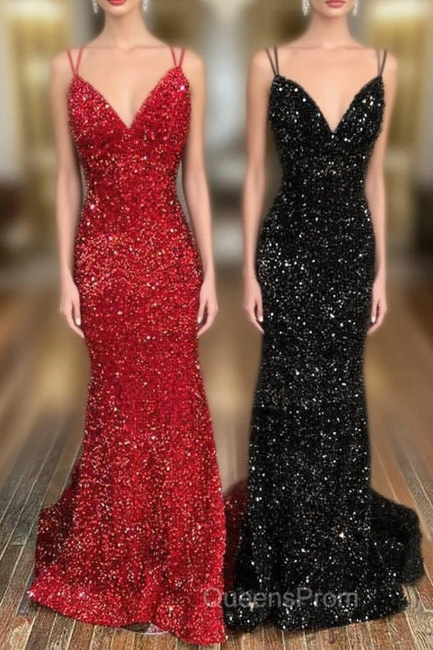 Trumpet/Mermaid V Neck Sleeveless Velvet Sequins Court Train Evening Prom Dress With Pleated Main image