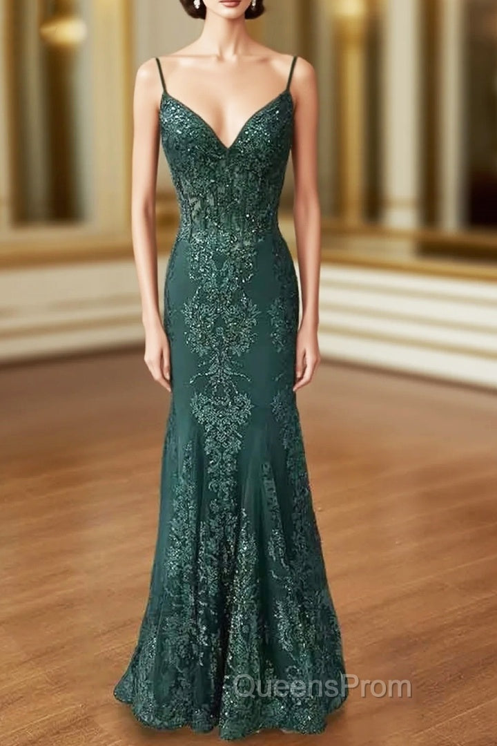 Trumpet/Mermaid V Neck Spaghetti Straps Long/Floor-Length Tulle Evening Prom Dress With Appliqued Beading Main image