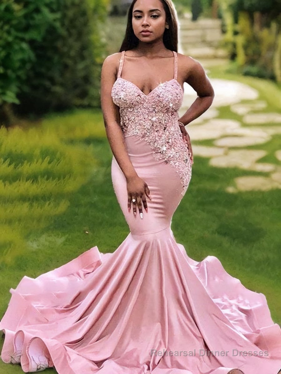 Trumpet/Mermaid V-neck Sweep Train Silk like Satin Prom Dresses With Appliques Lace Main image