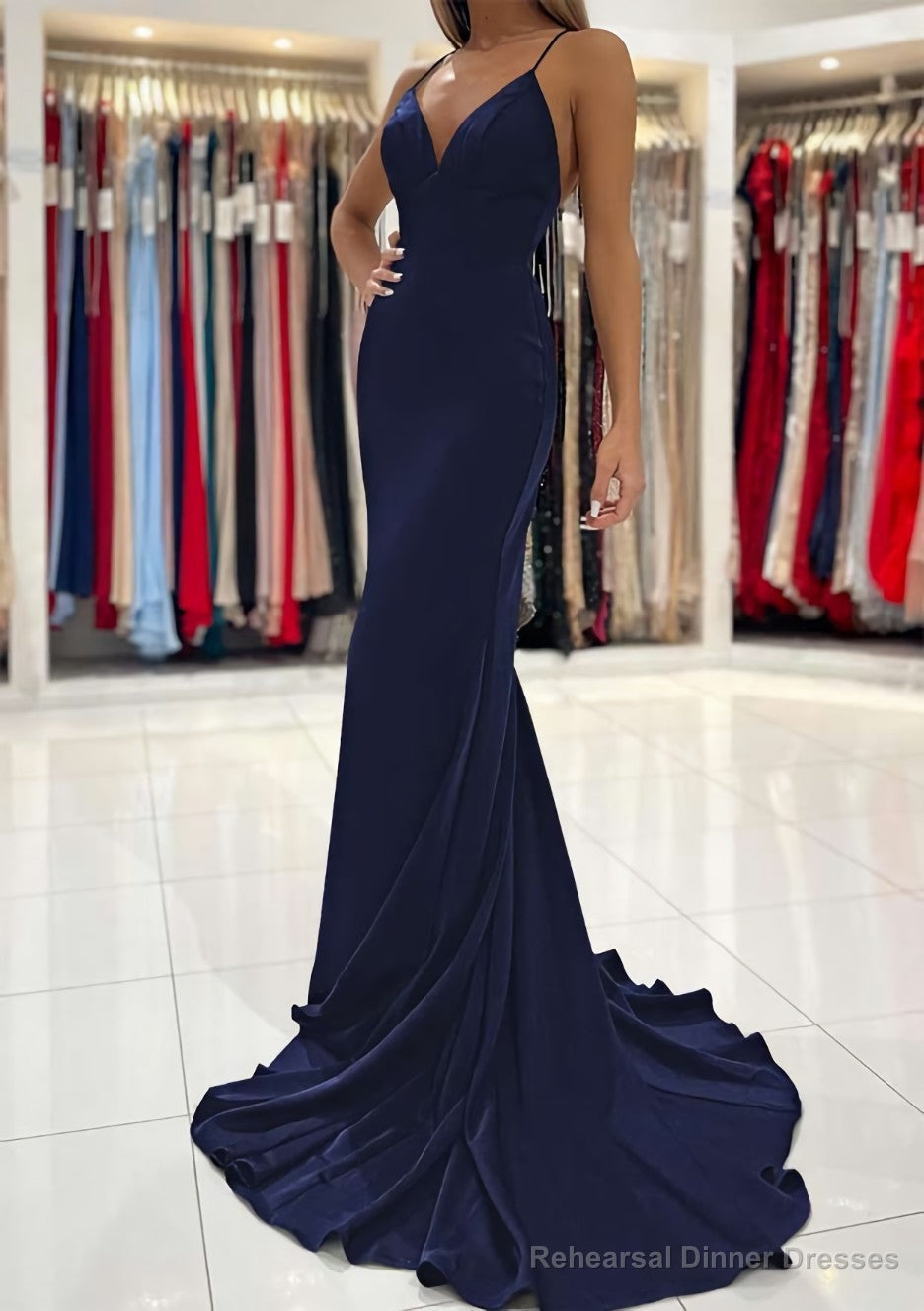 Trumpet/Mermaid V Neck Sweep Train Sleeveless Elastic Satin Prom Dresses Secondary image