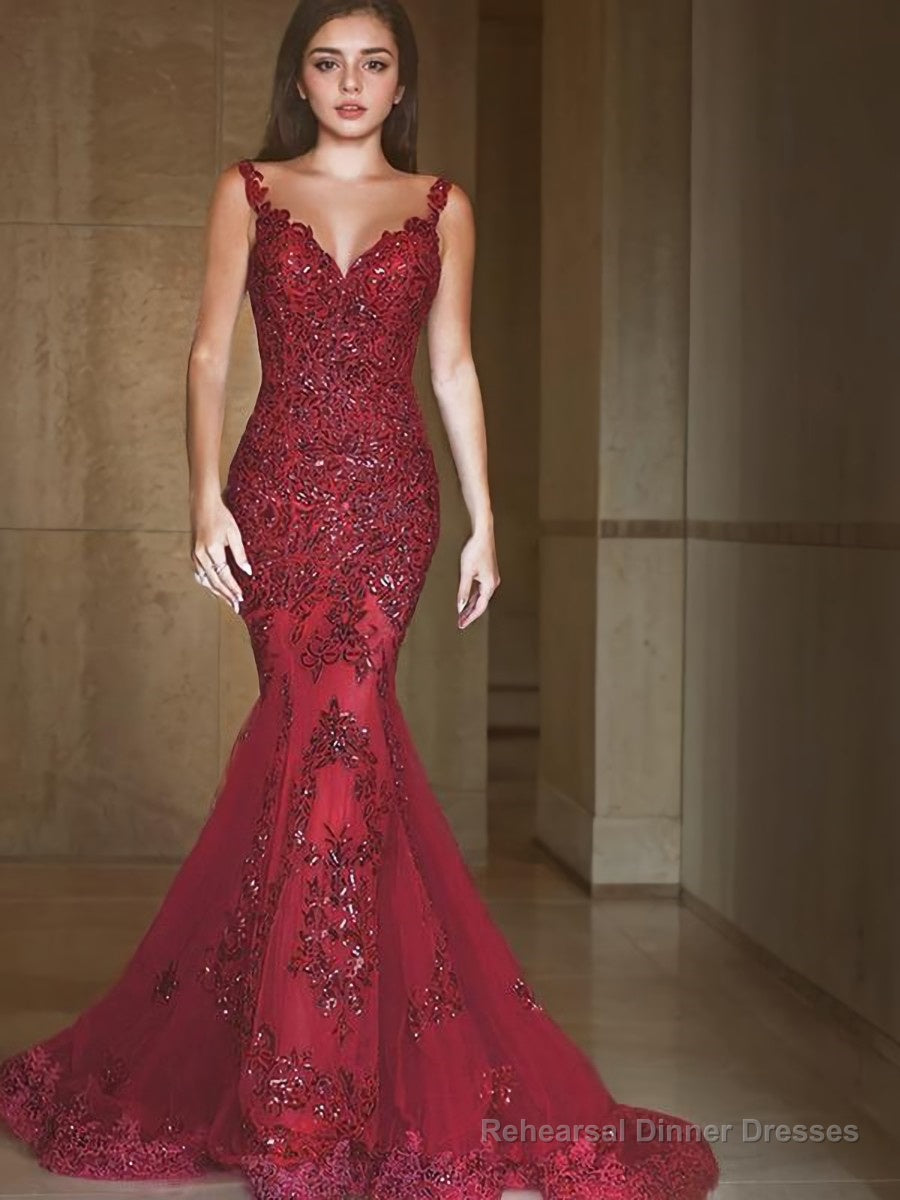 Trumpet/Mermaid V-neck Sweep Train Tulle Evening Dresses With Appliques Lace Main image